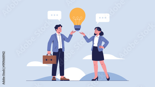A man and woman in business attire exchanging ideas with a lightbulb above them