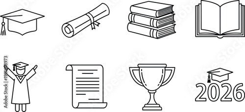 Education and graduation icon set, academic symbols collection, books diploma trophy scroll cap, black and white line illustration