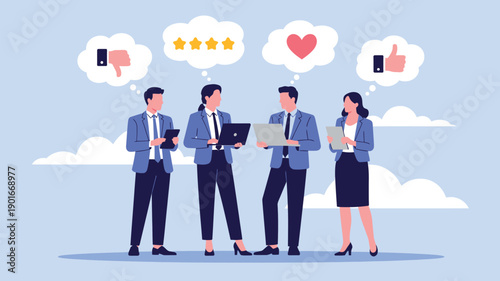A group of business professionals standing together with thought bubbles above their heads representing different opinions and ratings.