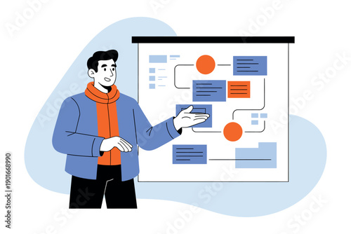 A man presenting a flowchart on a projector screen in a meeting room