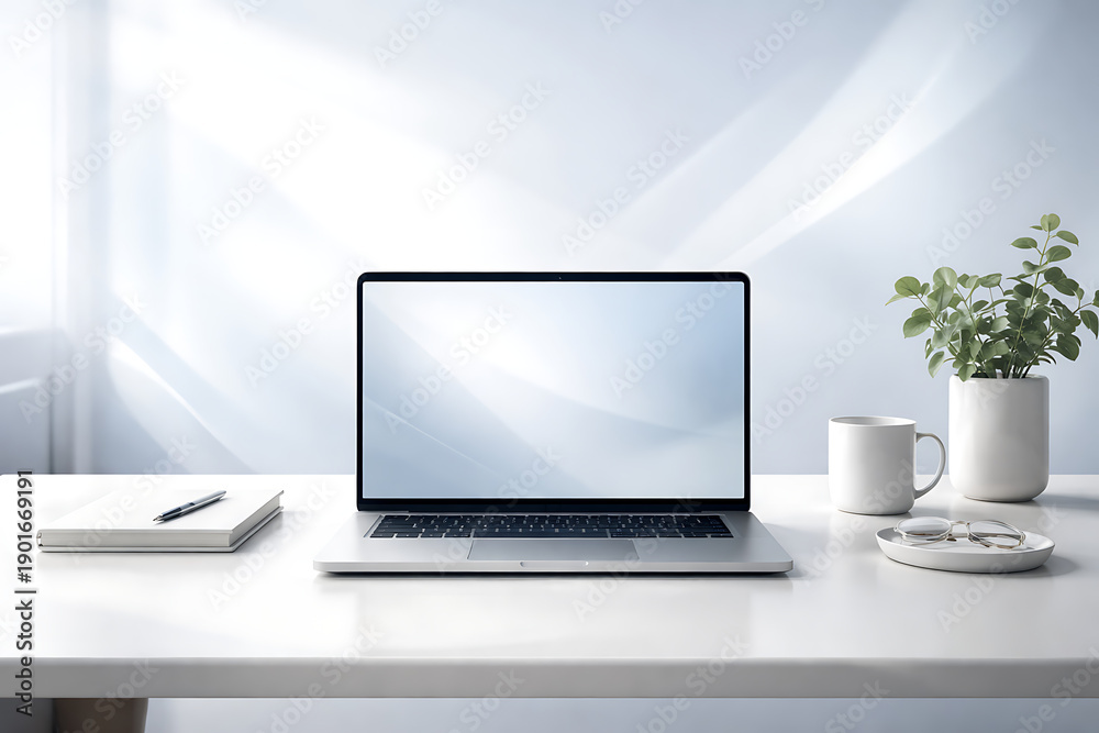 Fototapeta premium Minimal Home Office Workspace with Laptop Mockup, Coffee Cup and Plant