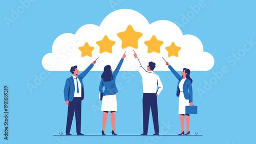 A group of business professionals reaching for a cloud with golden stars, symbolizing excellence and high ratings.