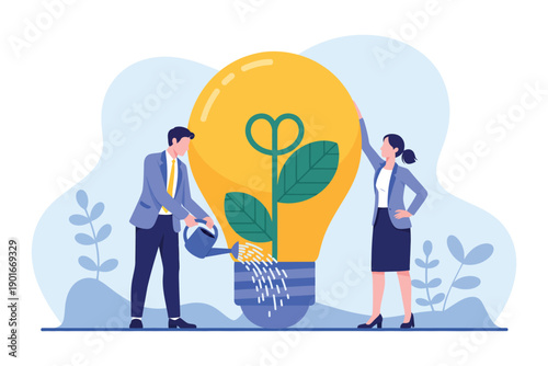 A man and woman in business attire nurturing a plant growing inside a lightbulb, symbolizing innovative ideas and teamwork.