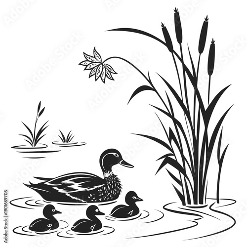 Black and white of a mother duck and ducklings in a pond with cattails