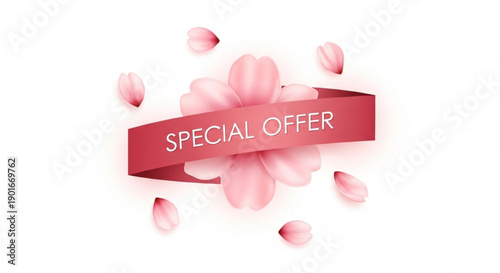 Special offer banner with pink petals on white background for discounts and promotions