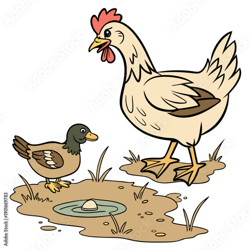 Cartoon chicken and duckling standing by puddle with egg