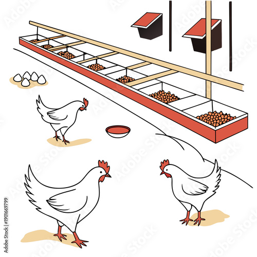 Cartoon chickens and chicken coop with feeders and eggs