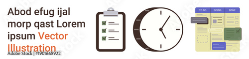 Time management, productivity strategies, task organization, workflow optimization, planning, scheduling. Visual elements include a clipboard checklist, clock and kanban board. Time management