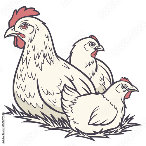 White chickens and chicks in grass red combs cartoon