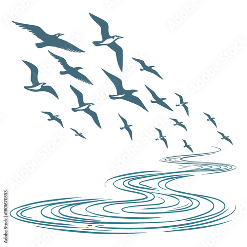 Bild auf Leinwand Blue sea birds flying over swirling water seagulls