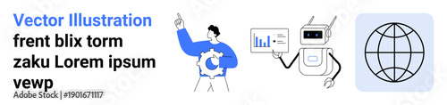 Artificial intelligence, global networking, data analysis, business strategy, technology concepts, automation. robot with graph, person holding gear global icon. Artificial intelligence and global