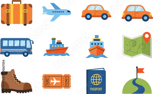 Travel and transportation icon set featuring luggage, airplane, cars, bus, ships, passport, tickets, map and adventure elements, colorful vector