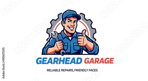 Smiling Mechanic with Wrench and Thumbs Up in Front of Gear Logo for Gearhead Garage.