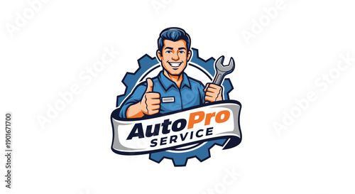 Smiling Mechanic Holding Wrench with AutoPro Service Banner and Gear Background.