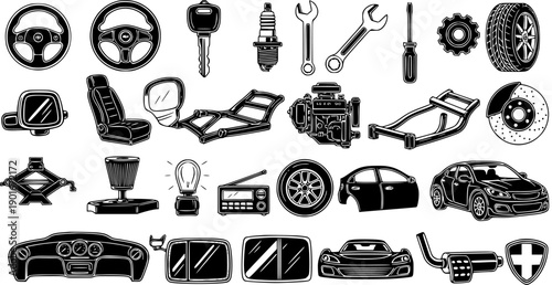 Automotive Car Parts and Tools Vector Set, Black and White Outline Icons. Vehicles, Components, and Mechanic Equipment for Auto Repair Service.