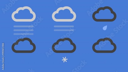 weather map symbols, animated loops, fog, mist, rain, snow, cloud, graphic symbol icon construction kit, blue then black background