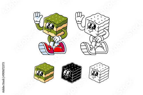 Pandan layered cake slice food retro cartoon character walking and waving hand pose for cafes, snack, street food mascot and merchandise. Traditional layered cake mascot logo