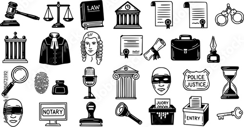 Legal Justice Icons Collection: Black Line Art Symbols for Law, Courtroom, and Crime  Hand-Drawn Gavel, Scales, Documents, and Investigation Elements