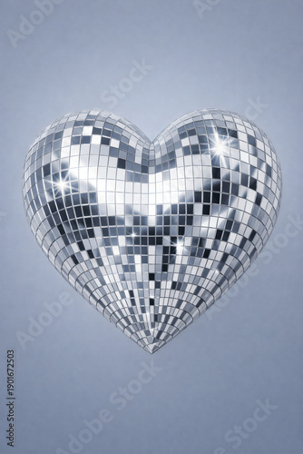 Silver Disco Ball Heart Symbolize Love and Celebration on Light Blue Background