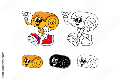 Chocolate roll cake dessert retro cartoon character walking and checked hand pose for cafes, snack, bake shop, street food mascot and merchandise. Rolled sponge cake mascot logo