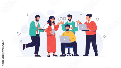 Diverse team collaborating on a project with laptops and tablets, flat design illustration