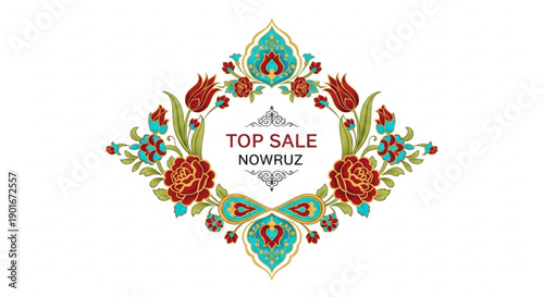 Vibrant floral nowruz sale badge with red roses and turquoise accents on white background