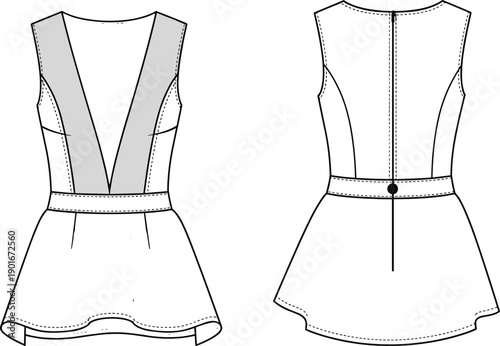 Stylish deep V-neck sleeveless peplum top technical flat sketch with fitted bodice, contrast panels, modern garment illustration for fashion designers