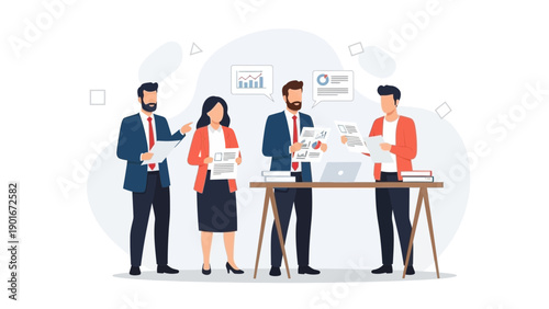 Business Team Meeting, Analyzing Data, Discussing Reports, Collaboration, Office Environment