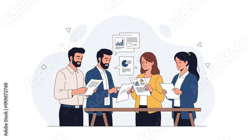 Diverse business team meeting, analyzing charts and reports on table