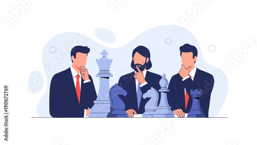 Businessmen strategizing with chess pieces, thinking about strategy and planning