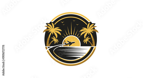 Tropical Sunset Travel Logo with Airplane and Palm Trees.