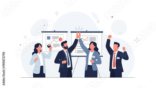 Teamwork success, business people celebrating victory, high five, presentation, office.