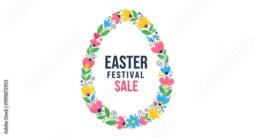 Easter festival sale sign with colorful floral oval wreath and text