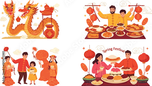 Spring Festival celebration, Chinese New Year family gathering, dragon dance, traditional food, lanterns, lion dance, festive illustration, cultural heritage
