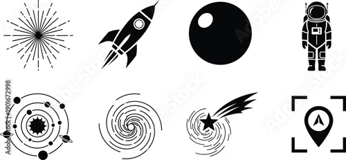Space exploration icon set featuring rocket, astronaut, galaxy, planets, starburst, comet, black hole, cosmic symbols, astronomy and universe elements