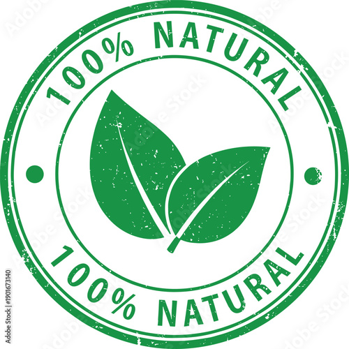 100 percent natural product stamp, eco friendly emblem, organic label vector illustration, rustic green badge design, healthy lifestyle symbol