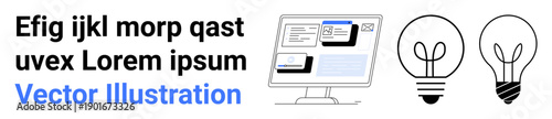 Digital creativity, workspace design, modern technology, innovation concepts, presentations, education. Monitor with text, app windows light bulb icons. Digital creativity and innovation concepts