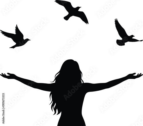 Silhouette woman with open arms and flying birds illustration, symbolizing freedom hope spirituality peace empowerment and emotional liberation concept