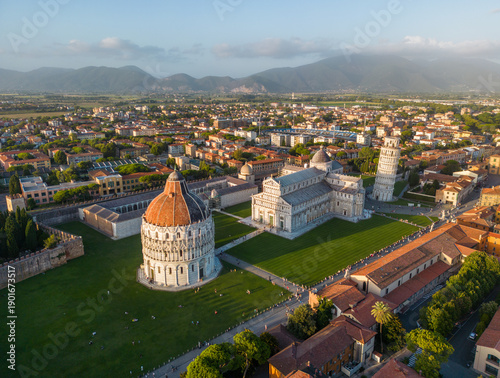 Obraz na plátne Wide aerial view of Pisa Piazza dei Miracoli at sunset featuring the Leaning Tow