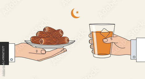 Flat illustration of hands sharing dates and drink during Ramadan with a minimalist design and warm color palette.