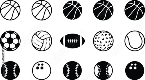 Set of various sport ball icons in black and white, including basketball, soccer, volleyball, football, golf, tennis, baseball, bowling, vector illustration