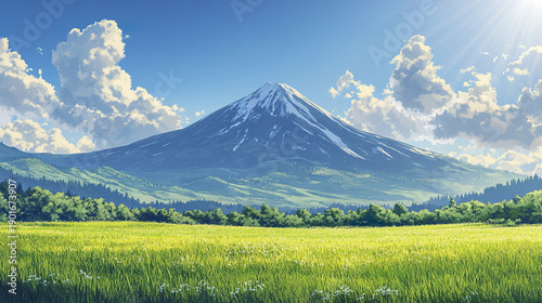 Wallpaper Mural Snowy mountain peak with green grassland and forest under bright blue sky with fluffy clouds and sunlight rays, creating calm and vibrant natural landscape Torontodigital.ca