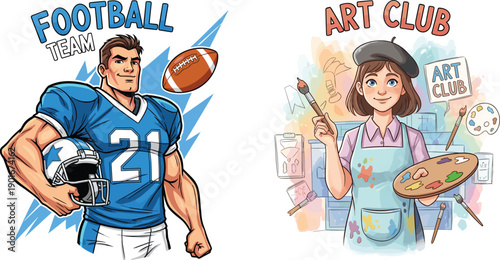 School extracurricular activities, football team, art club, student diversity, sports and creativity, teamwork, painting, youth lifestyle, education, hobbies