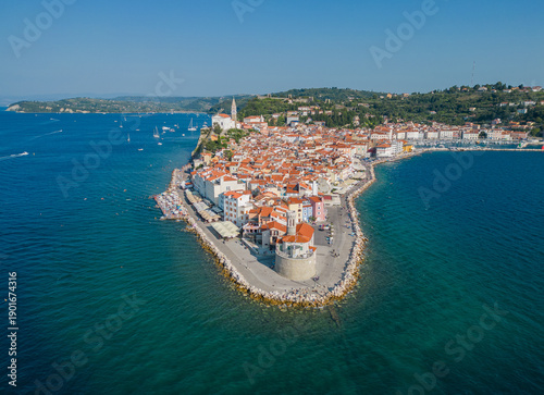 Konstfotografi Aerial view of Piran old town peninsula and Adriatic Sea, Slovenia