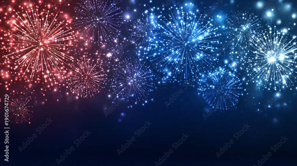 Obraz premium Colorful red and blue fireworks exploding against a dark starry night sky background 