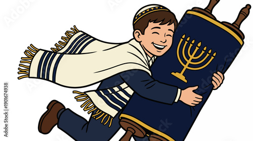 Joyful Jewish Boy Hugging Torah Scroll. Happy Cartoon Kid in Tallit and Kippah celebrating Bar Mitzvah and Jewish faith.