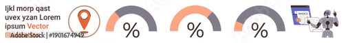 Data visualization, progress tracking, business growth, automation, technology integration, robotic process optimization. Features location pin, progress bars and robot with a screen. Data