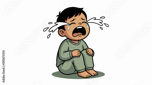 Distressed Cartoon Boy Crying and Sobbing, Sitting Down. Vector Illustration of a Sad Child Having an Emotional Tantrum.