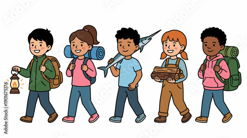 Cartoon Group of Diverse Kids Hiking and Camping with Backpacks, Lantern, Fish, and Firewood Isolated Illustration