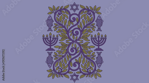 Decorative Jewish Spiritual Symbolism Vector. Symmetrical Foliage, Menorahs, Star of David, and Fish Outline Art on Lavender Background.